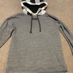 Victorias Secret PINK Hoodie Adult Gray Plaid Sherpa Lined Hood Spell Out Medium